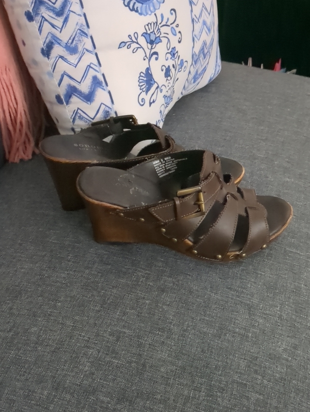 Sonoma Brown Leather Wedge Mule Sandals With Wooden Heels